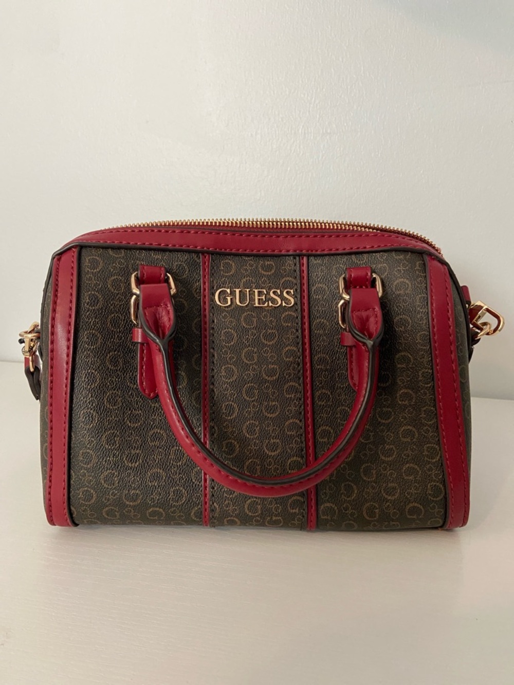GUESS Brown Logo Satchel with Red Wine Trim and Gold Hardware